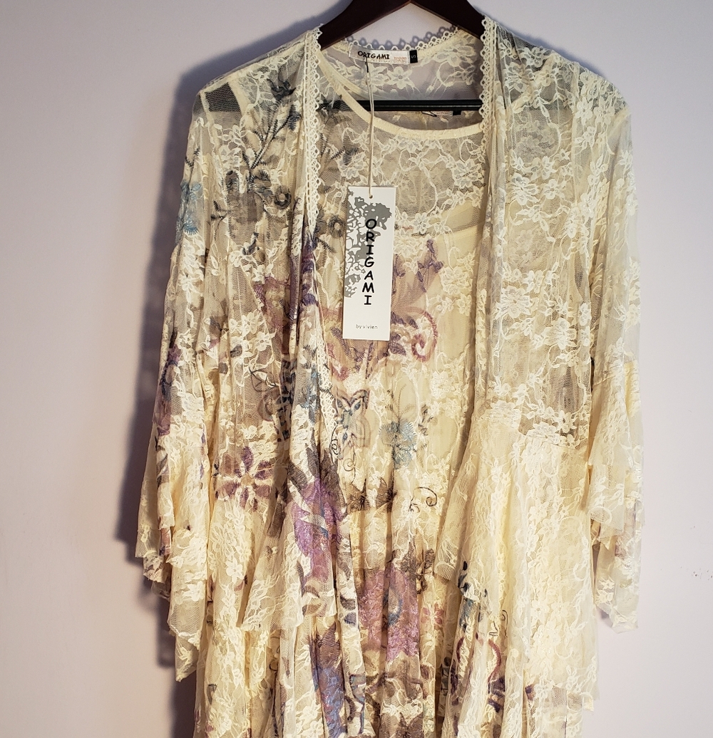 Cream Lace Floral Layered Dress (Slip, Dress, Duster)